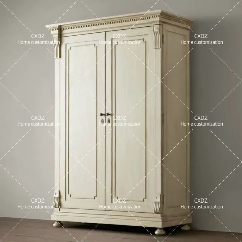 American Country Style Solid Wood Wardrobe Double Door Antique Retro White Old Oak Finish Bedroom Storage Cabinet Furniture