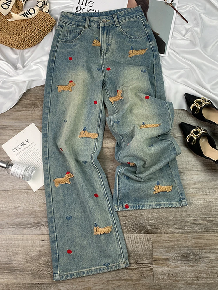 

plus Size Embroidered Straight Leg Jeans Women's Autumn Winter Pants Pear ape Slimming Wide Leg Trousers Korean Sle High ...