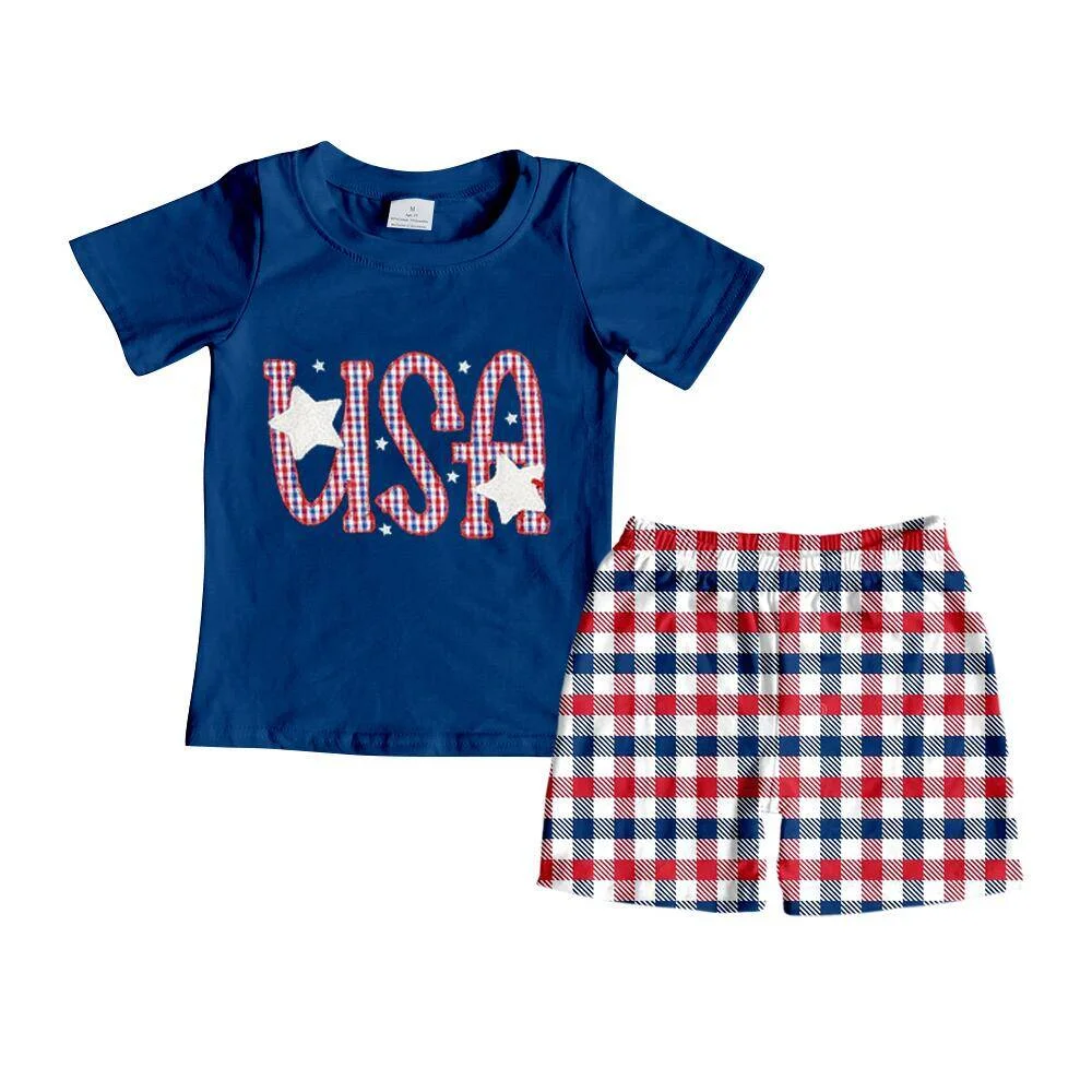 Summer new style Independence day series set Letter print red blue plaid shorts sets Children's short-sleeved two-piece set