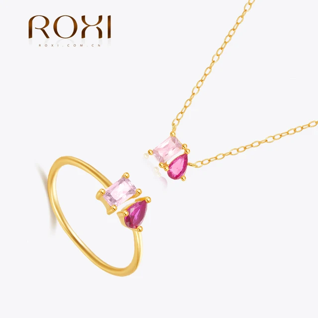 ROXI 925 Sterling Silver Rose Red With Pink 5A Zircon Finger Rings Naszyjnik Dla Kobiet Impreza Ślub Oświadczenie Drobna Biżuteria Prezent
