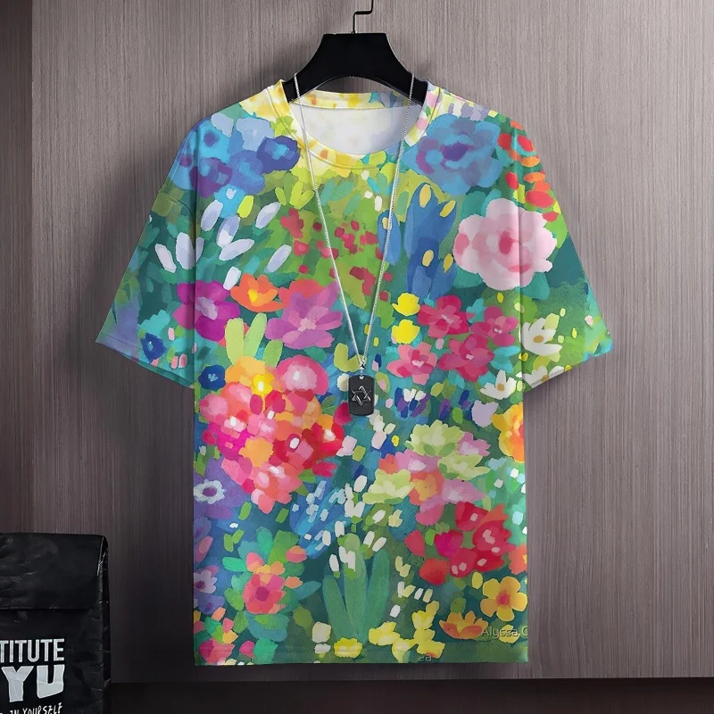 3D Print Colorful Flowers Clusters T Shirt For Men Grass Plant Pattern Tees Summer Casual Short Sleeve Tops Round Neck T-Shirts