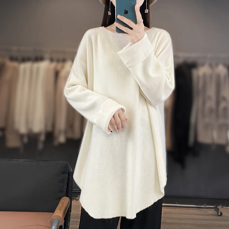 

Lazy Style Pure Australian Wool Sweater Women's O-neck Loose Pullover Autumn/Winter Woman Casual Long Sleeved Irregular Hem Tops