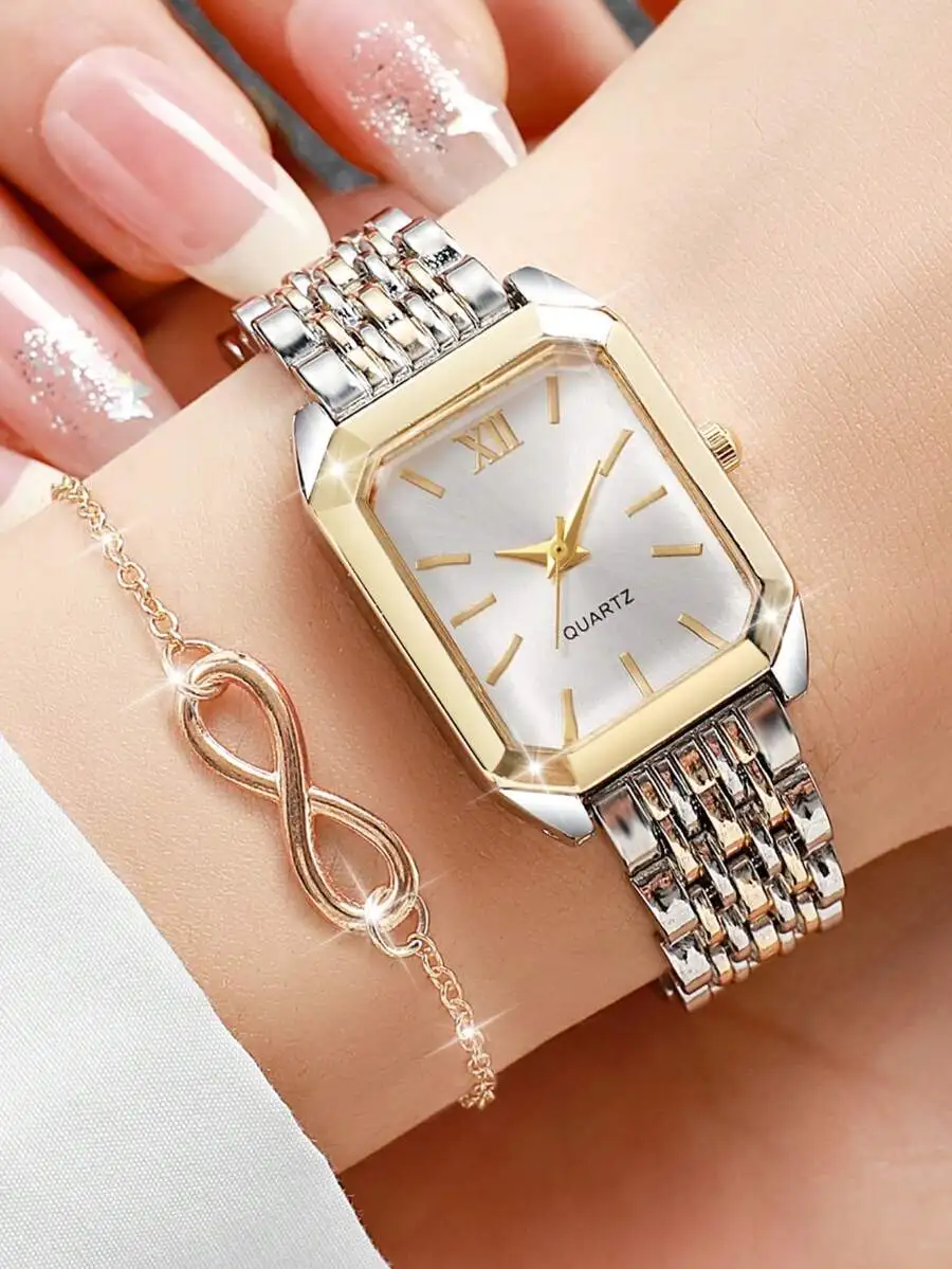 2pcs/Set Women's Gift Watch - Stainless Steel Band, Square Dial, Roman Numeral, Elegant Quartz Wristwatch + Bracelet (Watch Box