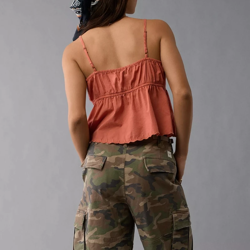 Camisolas elegantes con tirantes ajustables y cuello en V para mujer, chaleco Babydoll con dobladillo con volantes y bordado Floral atado con lazo frontal