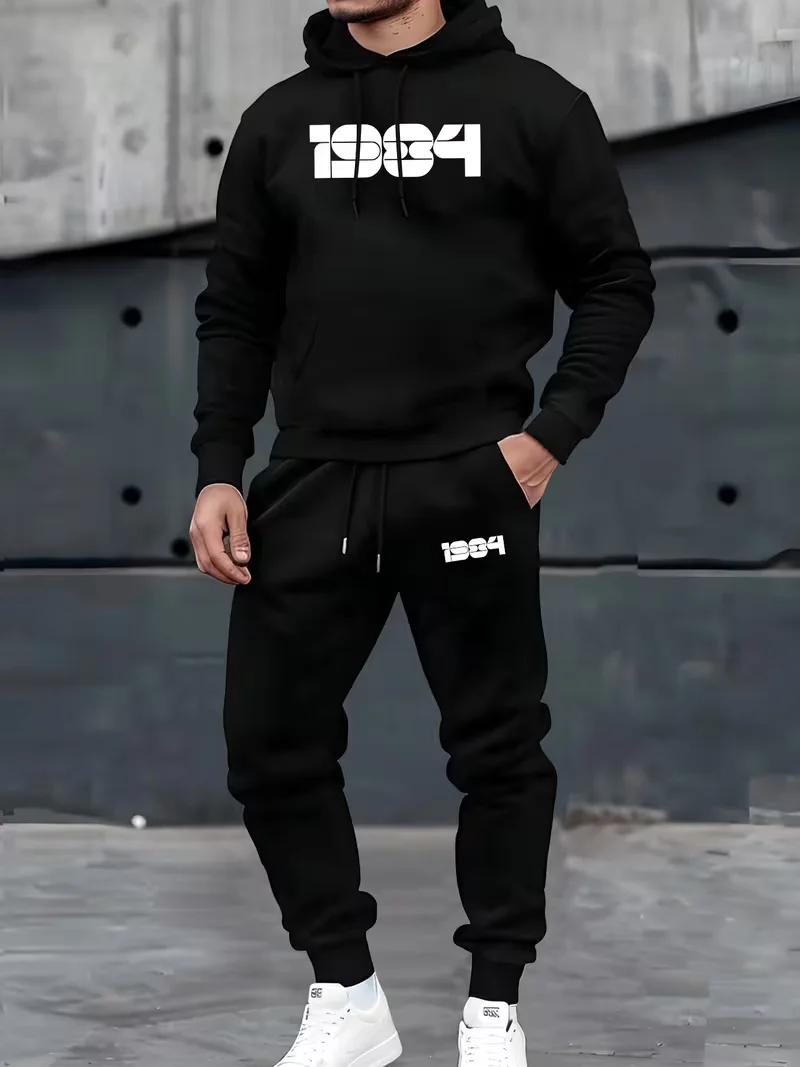 Men's fall/winter sports outfit - 1984 model digital print hooded sweatshirt + jogging pants - street casual sports ensemble