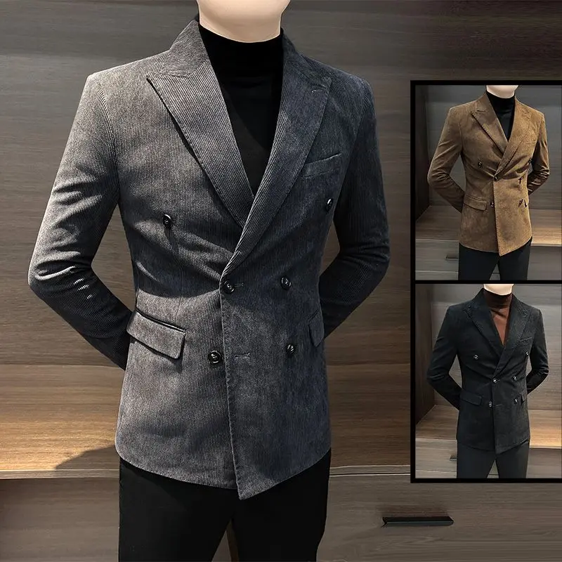 

Утепленный вельветовый мужской пиджак в стиле ретро, молодежный, весенне-осенний, приталенный, с длинными рукавами, двубортный