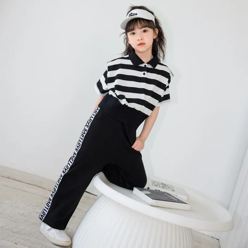 2024 Korean Summer Children Girl 2PCS Clothes Set Junior Girl Striped Polo Collar T-shirt+Straight Pants School Girl Tracksuit