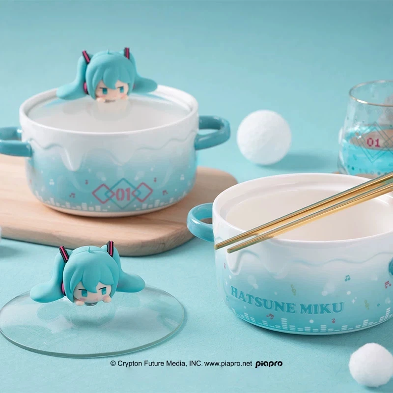 初音ミク-在庫あり-本物のインスタントラーメン丼-ガラス蓋付き-可愛い顔のデザイン-ダブルハンドル-大人用-家庭用
