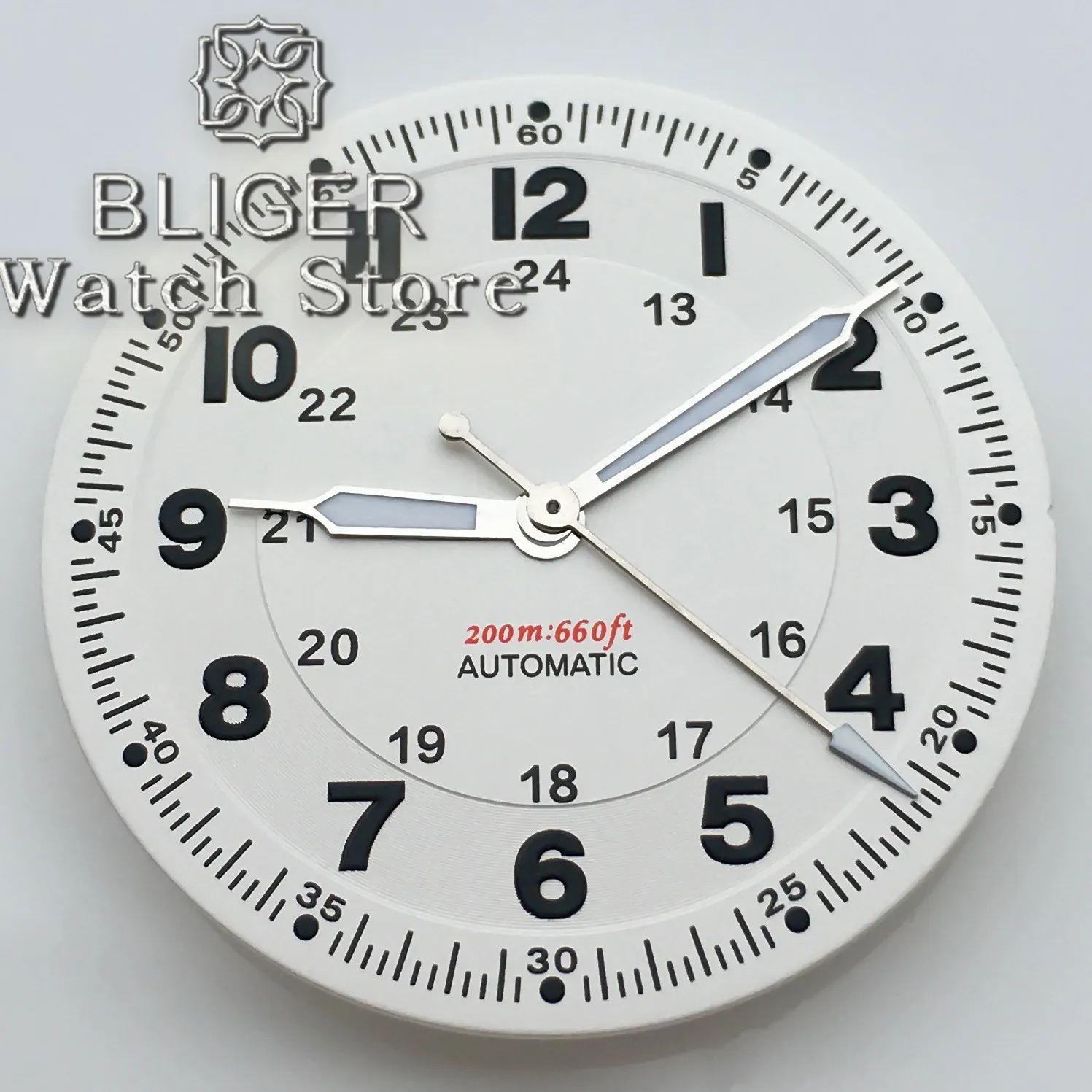 BLIGER 29mm 파일럿 화이트 시계 다이얼 및 손 세트 녹색 발광 NH35 NH36 ETA2824 2836 PT5000 무브먼트에 적합