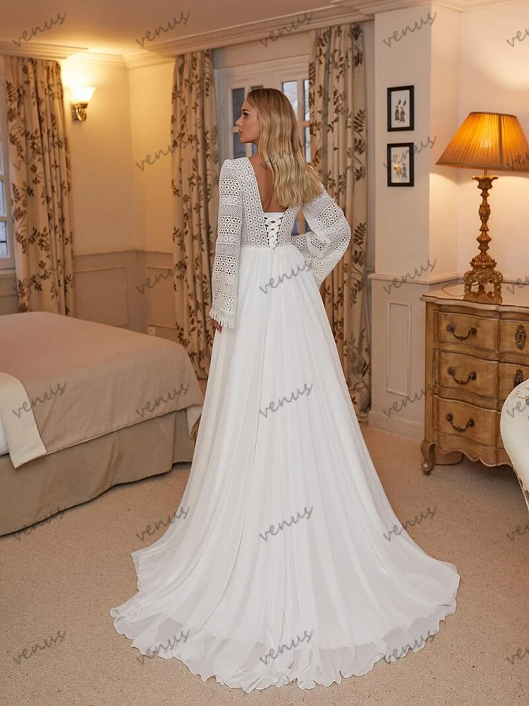 Vintage Wedding Dresses A Line Bohemia Bridal Gowns Chiffon Robes Flare Sleeves Deep V Neck Vestidos De Novia Customized 2025