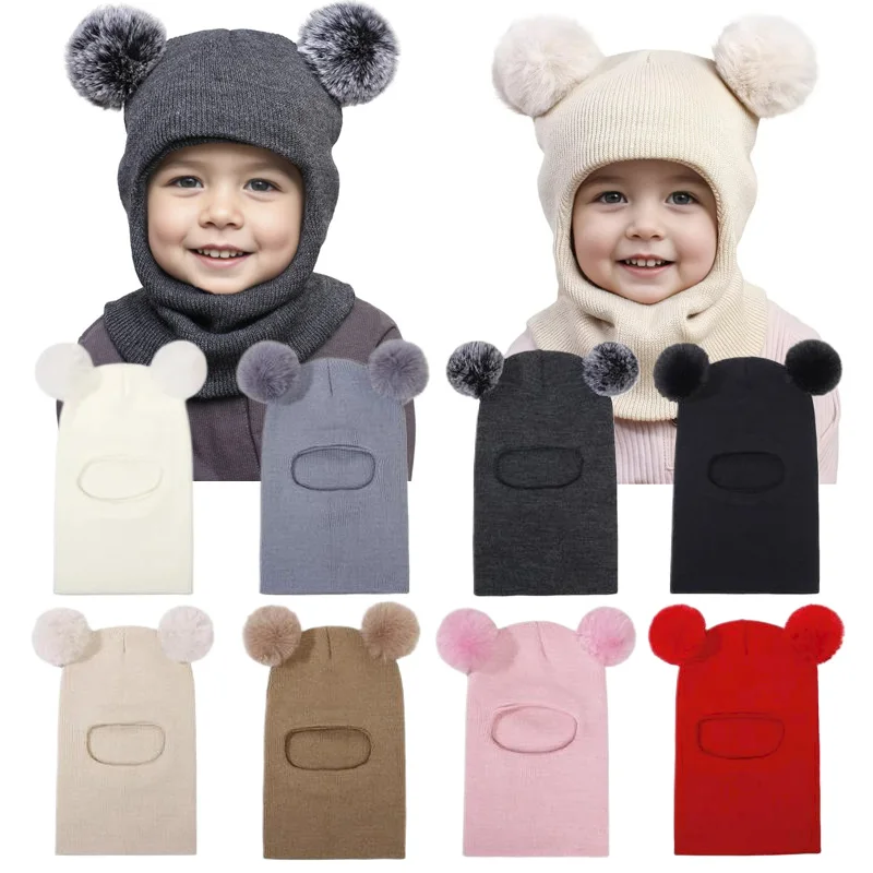 

Winter Baby Hat Scarf One-Piece Cute Pompom Kids Knitted Beanie Infant Cap for Girls Boys Ears Neck Warm Protection Bonnet 1-5Y
