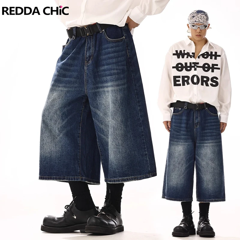 

REDDACHiC Denim Blue Men's Short Pants Summer Casual Solid Cleanfit Whiskers Wide Leg Jeans Jorts 90s Retro Skater Everyday Wear