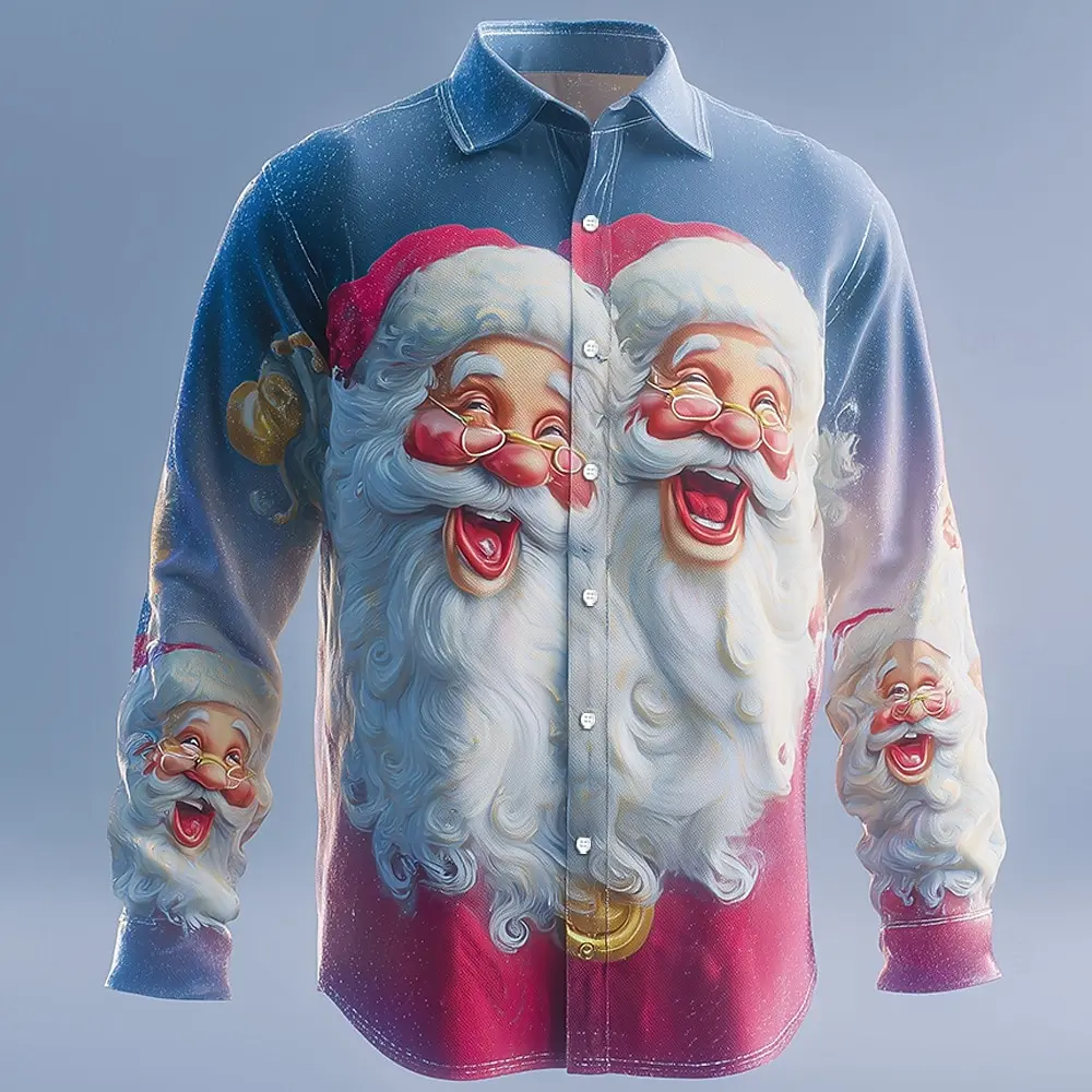 Weihnachten Weihnachtsmann 3D Cartoon Gesicht Herrenhemd Button-Up Lange Ärmel Urlaub Herbst Revers 3D Bedrucktes Hemd Rote Kleidung Tops