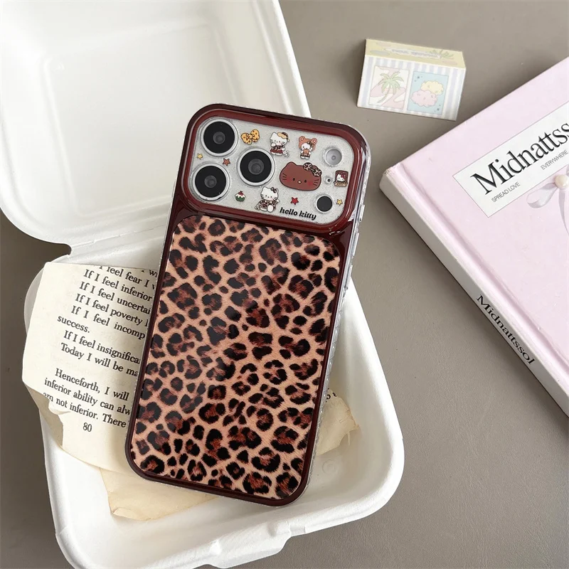 

Cute Leopard Print Hello Kitty Phone Case For iPhone 17 16 15 14 Pro Max Kawaii Brown Cartoon Protective Cover for Girls
