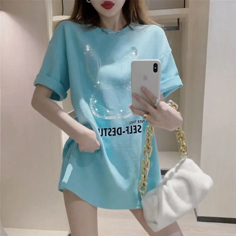 Wind Ins Heavy Industry Sequined Short Sleeved T-shirt Summer New Style Lower Body Missing Western Loose Large Size Top Women