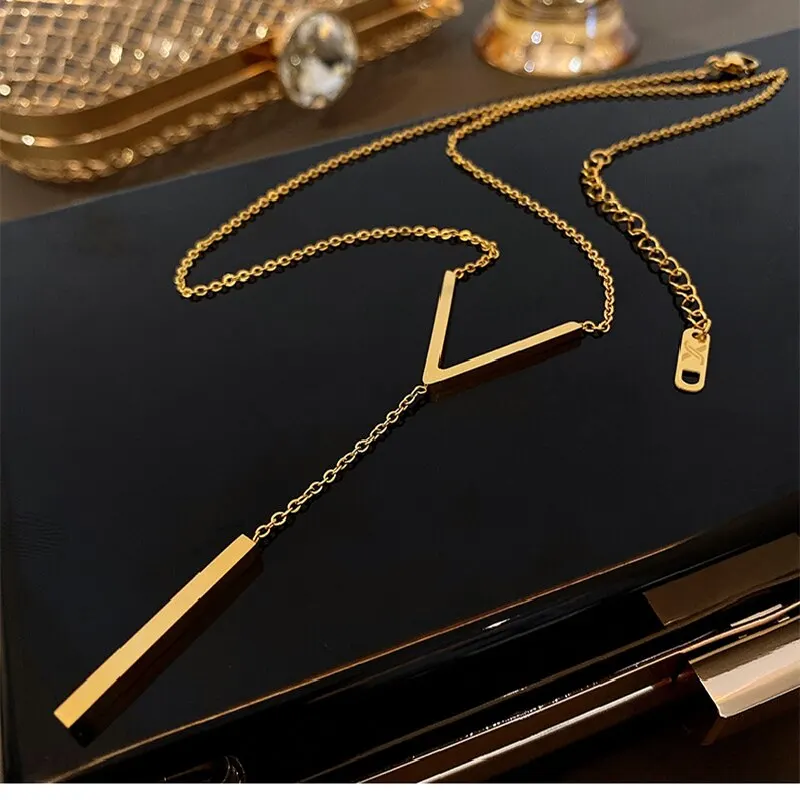 1PC Gold-color Stainless Steel Long Bar Tassel Paragraph V Shaped Collarbone Necklace Female Holiday Party Minimalist Style