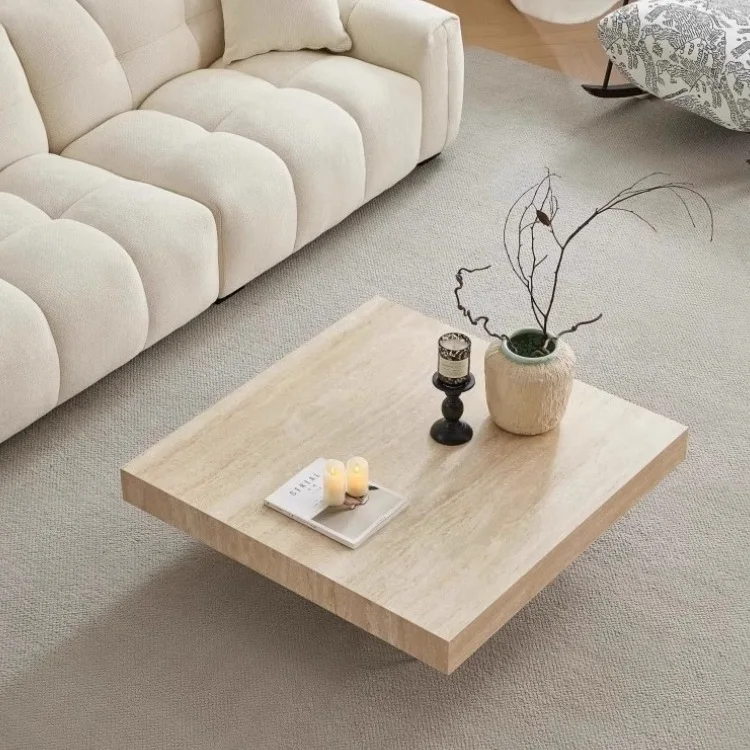 wabi-sabi wind, travertine rock slab coffee table, household living room, French acrylic suspension