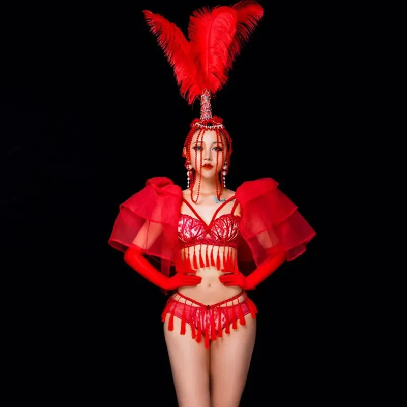 

Sexy Nightclub Bar Red Tassel Bikini Beading Feather Headdress Dance Outfit DJ Women Singer Dancer Stage Performance Costume