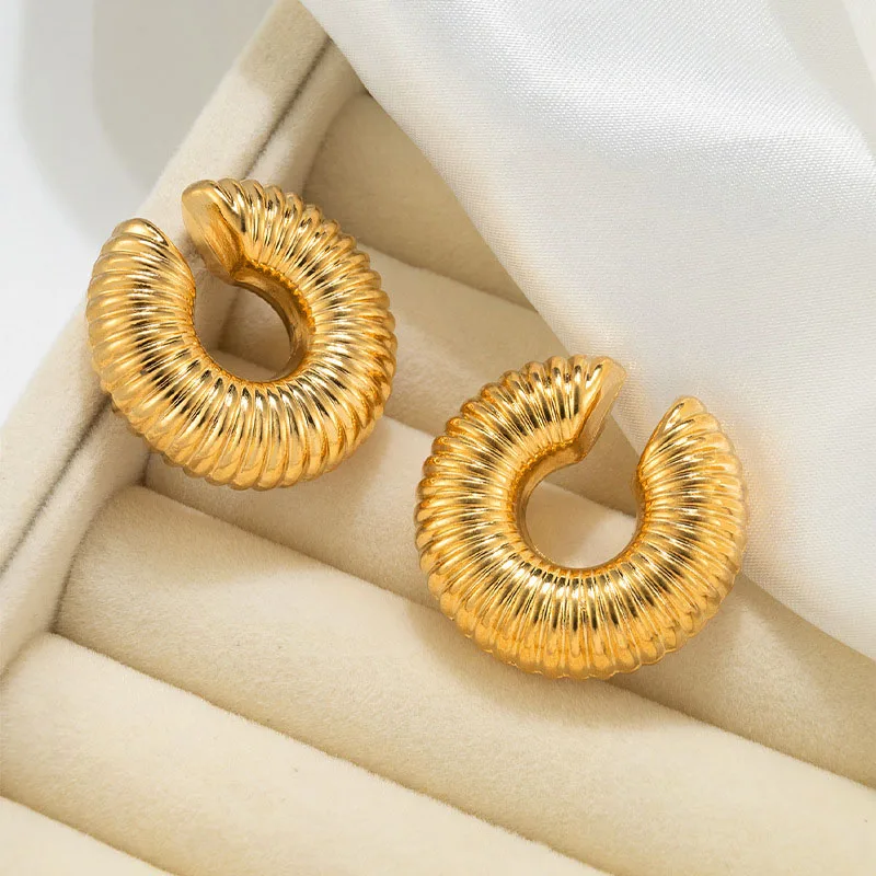 Punk Non Piercing Chunky Circle Clip Earring for Women Gold Color Round Thread Texture Ear Cuff Thick Earclips Jewelry Gifts