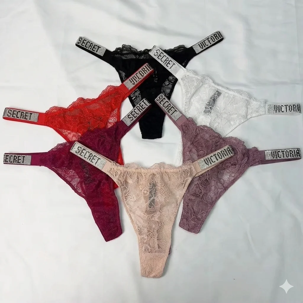 

Комплект из 3-х кружевных сексуальных трусиков-стрингов Victoria's Secret: дышащие, мягкие, с V-образной цепочкой, классические, в полоску, универсальные