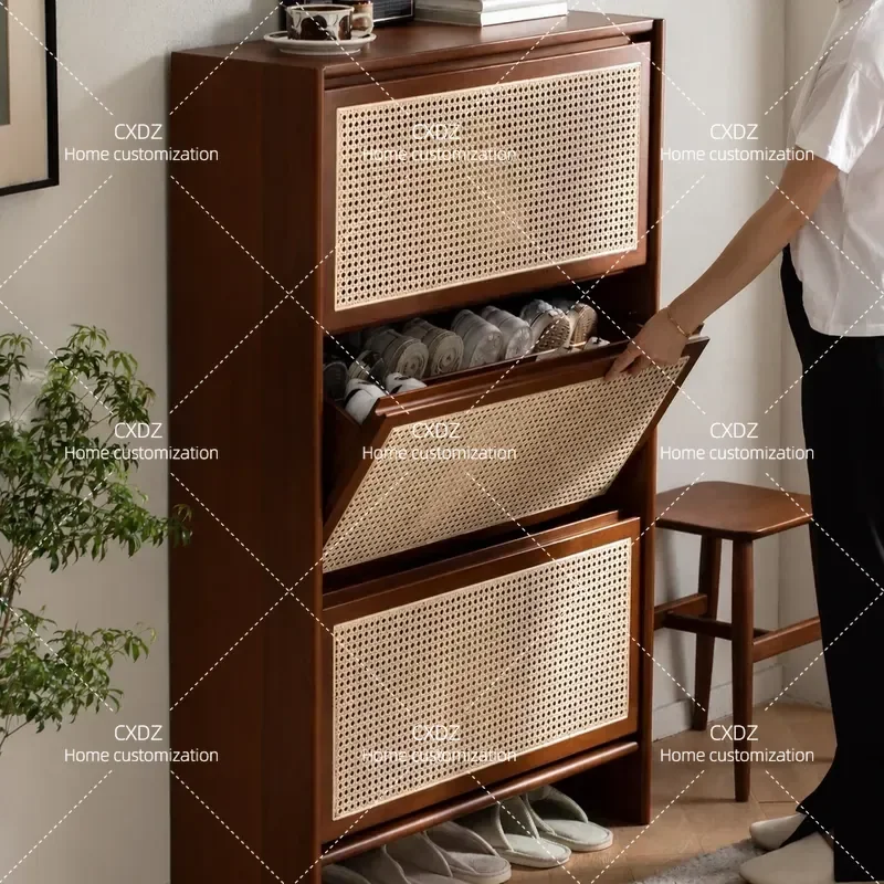 Nordic Ultra Narrow Shoe Cabinet Solid Wood Rattan Storage Locker for Bedroom Foyer Entryway Medieval Style Home Organization