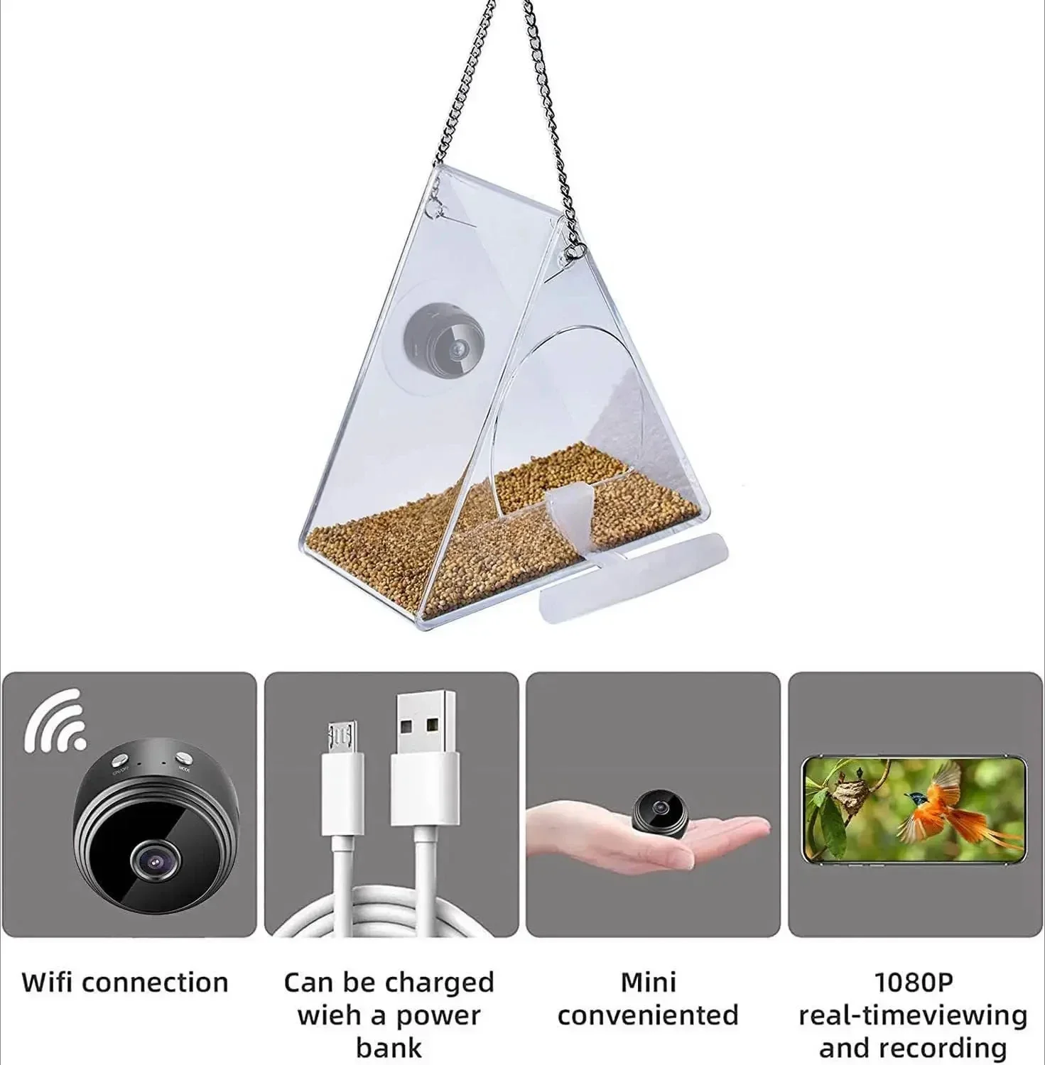 Bird Feeder with Camera, Acrylic Hanging Smart Bird Feeder House with 1080p Video Camera WiFi Remote Wireless Outdoor Bird Watch