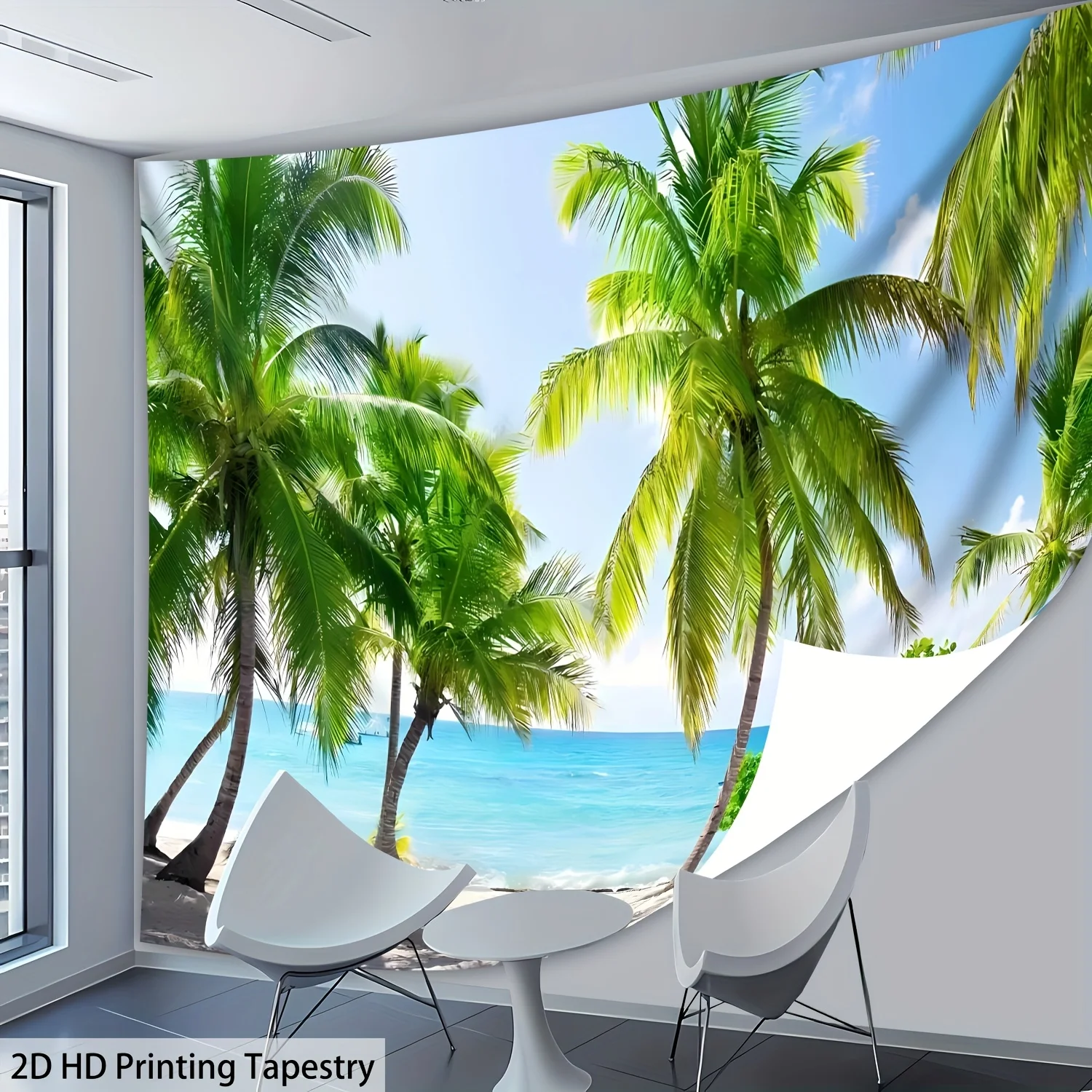 Tropical Beach Tapestry Wall Hanging, Coconut Palm Trees and Blue Ocean View, Summer Seascape Home Decor for Living Room Bedroom