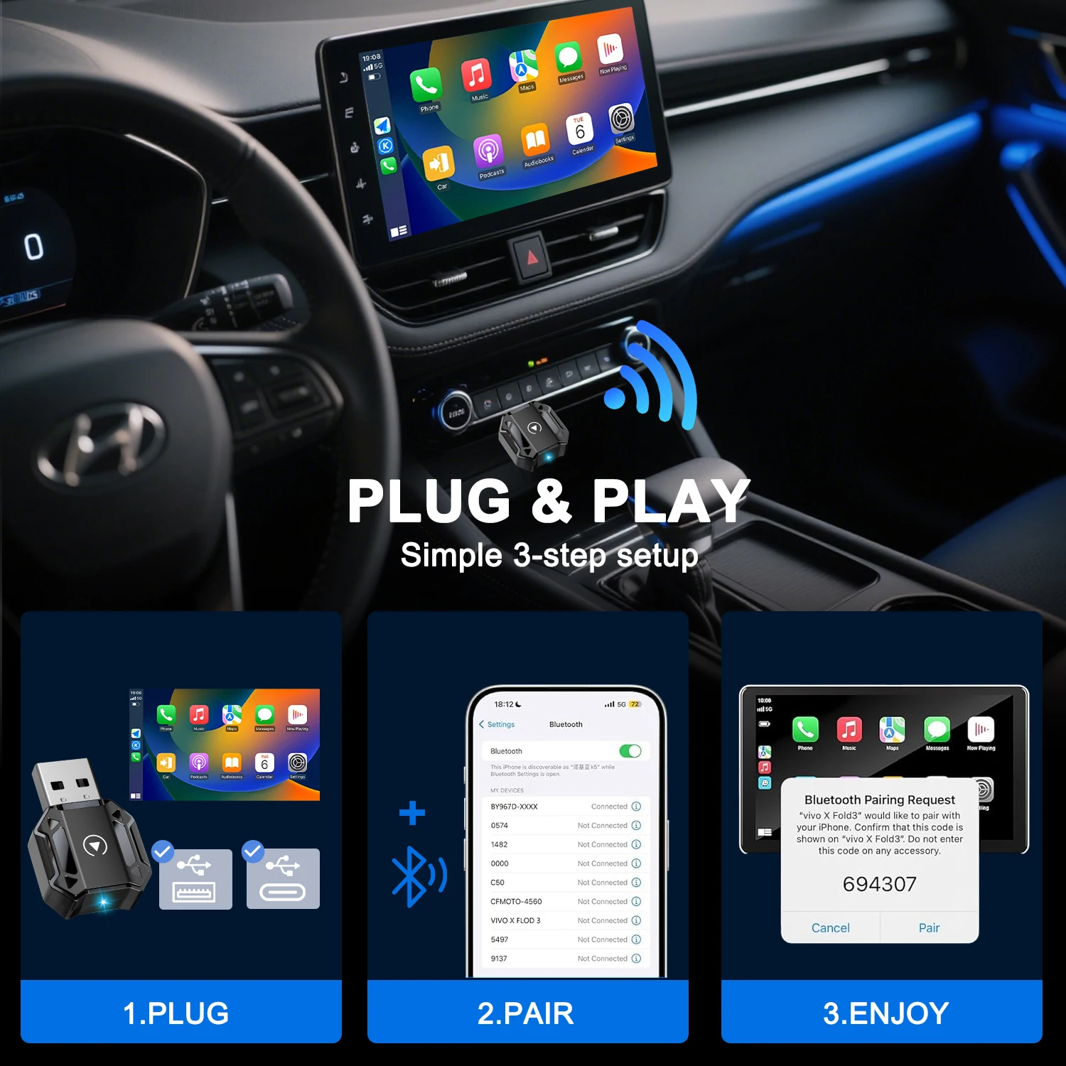 2-in-1 Wireless CarPlay & Android Auto Mini Adapter, Plug-and-Play Dongle Converts Wired to Wireless, Auto Connect Car Accessory