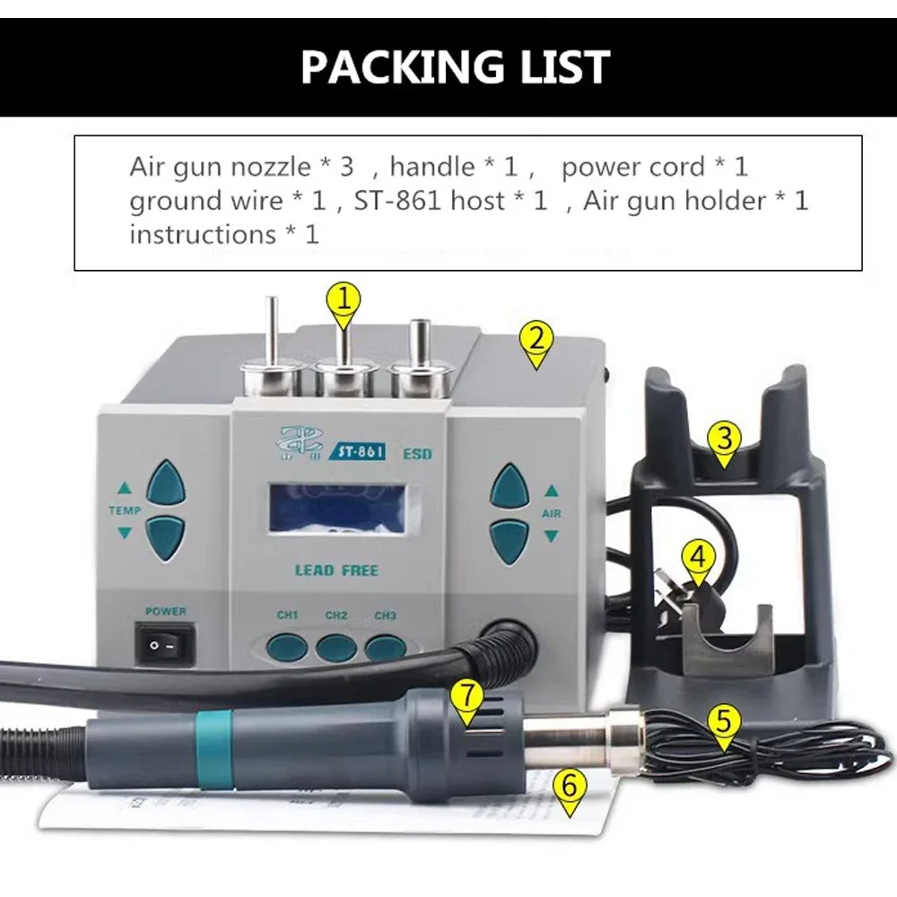 Estação de Retrabalho Ajustável Hot Air Gun St861 1000w sem Chumbo Solda 110 v 220v Phone Cpu Chip Repair Mesmo Rápida 861dw