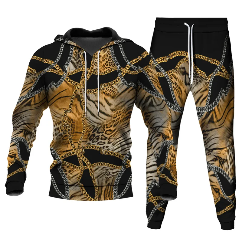 Leopard Zebra Pattern 3D Printed Tracksuits Men\'s 2 Piece Set Hoodies Sweatpants Streetwear Casual Two Piece Male Oversized Suit