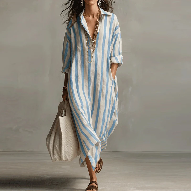 Vintage Printed Maxi Dresses For Women Casual Striped Printed Loose Beach Holiday Long Dresses For Women Party Dress Boho - Image 4