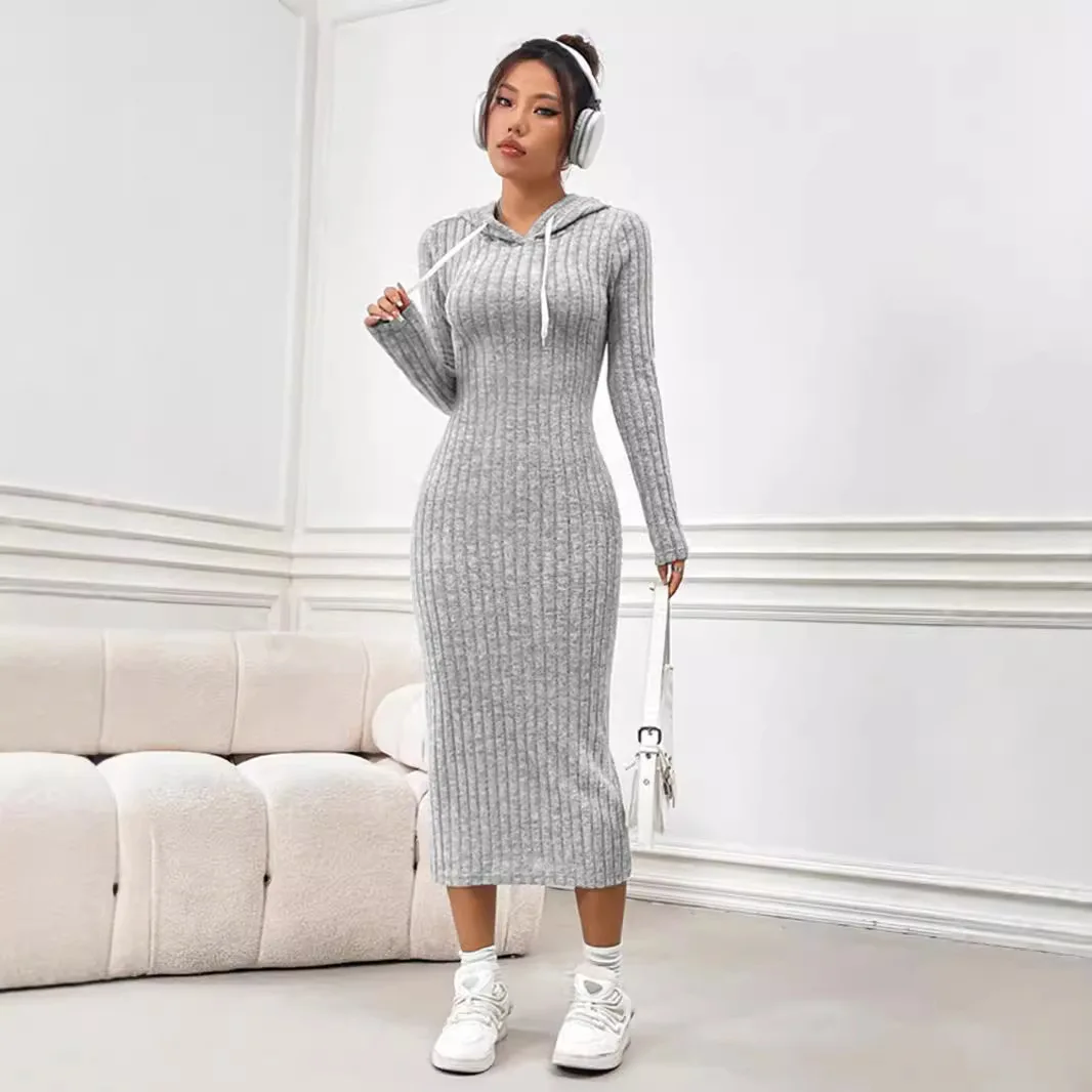 Women's solid color hooded dress slim fit long sleeved sweater Midi dresses For Women 2024 autumn/winter new item