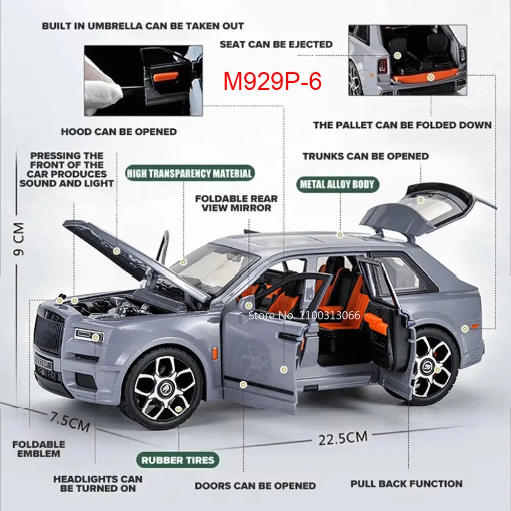 1:20 Rolls Royce Cullinan Toys Cars Models Wheel Pull Back Travel Trailer with Light Music Miniature Caravans Toddler Kids Gifts