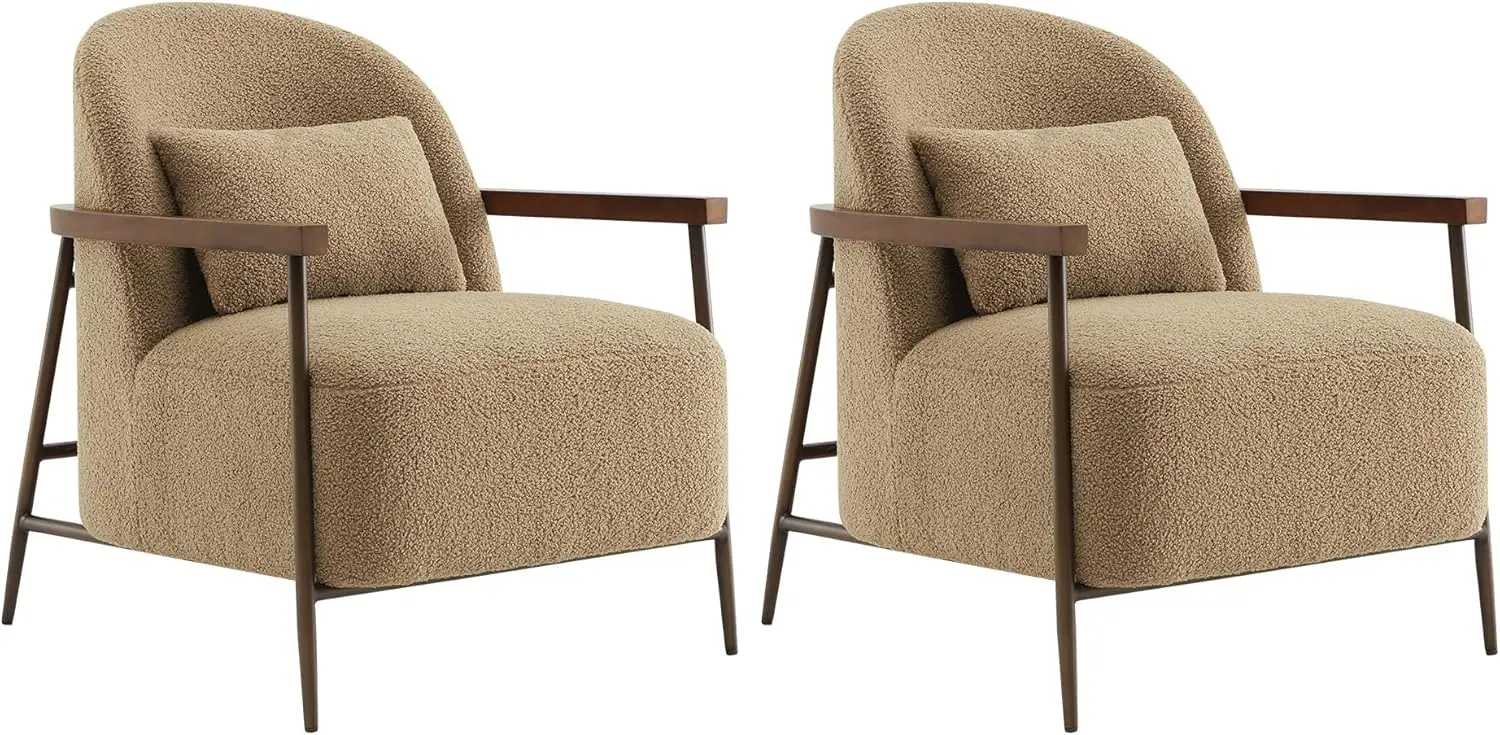 

Accent Chair For Living Room Set Of 2, Fsc Certified Modern Upholstered Faux Sherpa Fabric Armchair With Metal Frame And Wooden