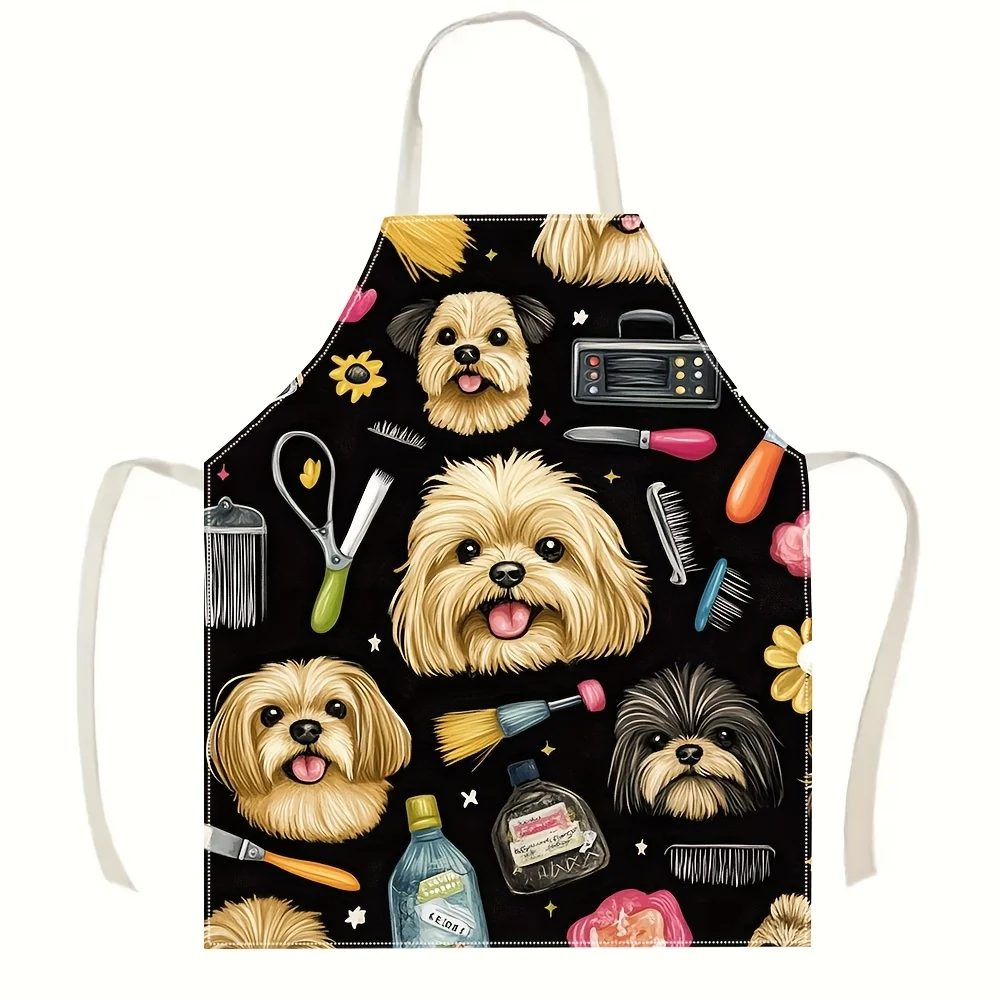 

Забавный фартук для грумера собак (1 шт.) с принтом милых собачьих мордочек и инструментов для салона, на черном фоне. Универсальная рабочая одежда для кухни, выпечки, барбекю. Подарок.
