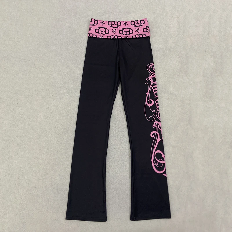 New Retro Contrasting Abstract Pattern Micro Flared Pants with Elastic Waistband and Hip Black Casual Pants for Women