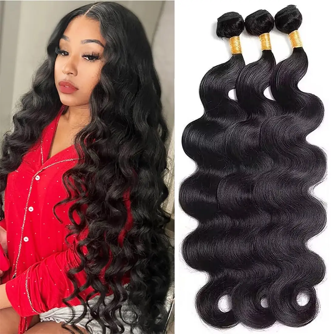 Ulrica 30 Inch Peruvian Hair Weave 1/3/4 Bundles Body Wave Human Hair Bundles Human Hair Extensions Natural Black For Women