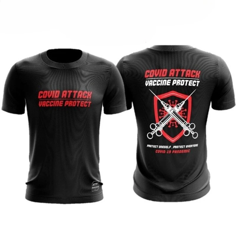 T-shirt à manches courtes pour hommes, 100% coton, noir, avec impression graphique de seringue et de bouclier, streetwear décontracté
