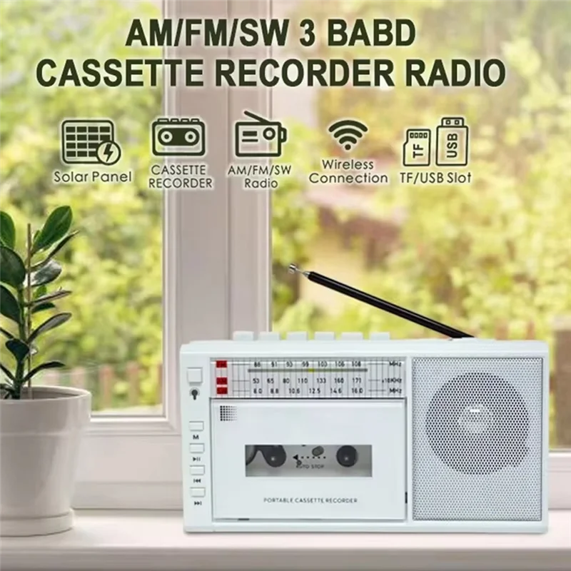 ABSQ-Retro USB AM/FM/SW Multibanda Radio Estéreo Inalámbrico Bluetooth Mp3 Audio Cassette Reproductor Grabador AM Radio Enchufe de la UE
