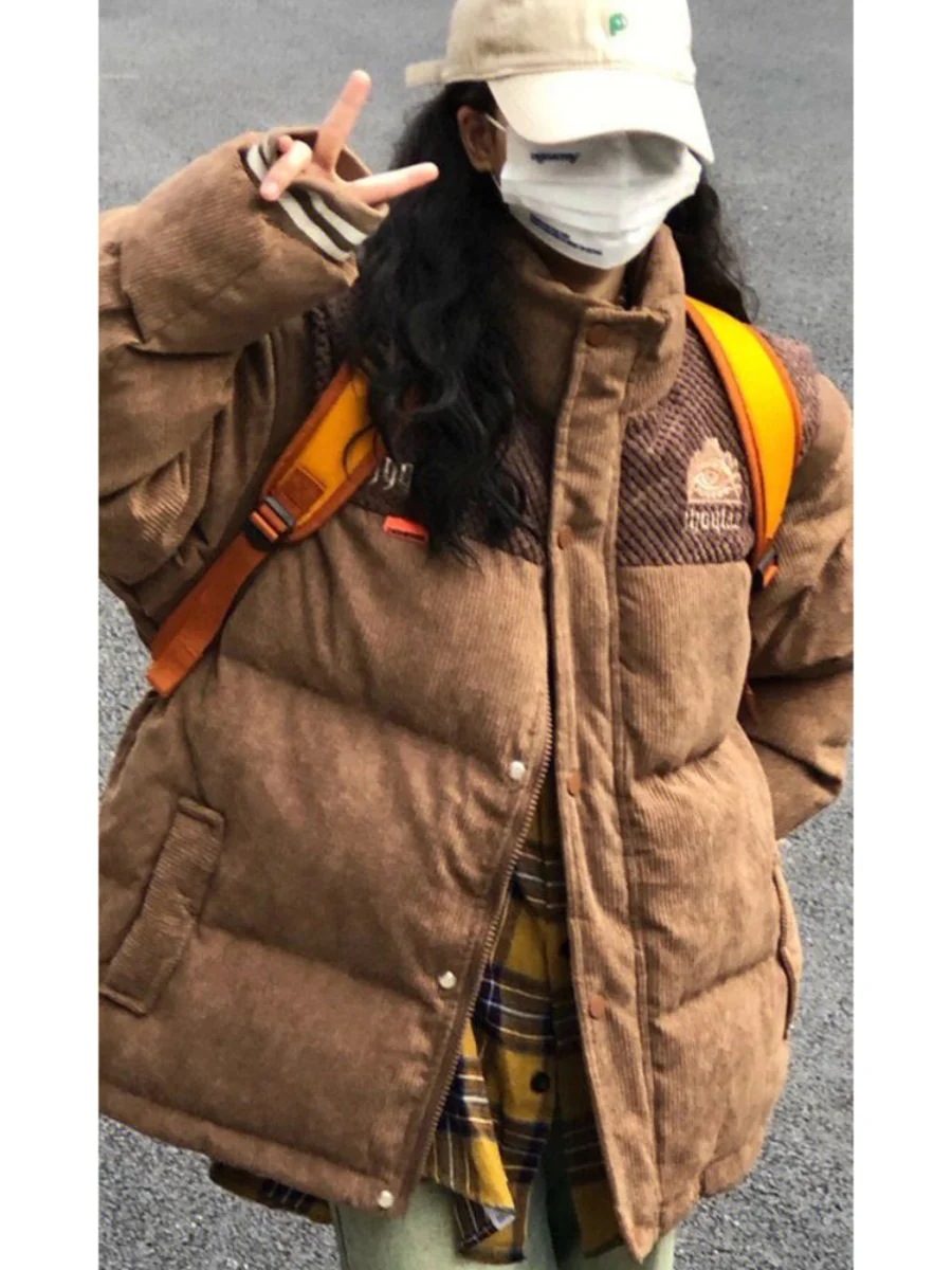 Women Brown corduroy Parka Jacket Coat Long Sleeve Thicken Overcoat Harajuku 90s Korean Warm Turtleneck Padded Jacket Vintage