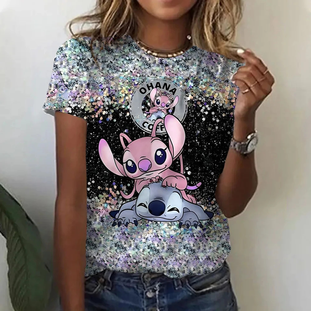 Kawaii Lilo Stitch Print T-shirts Tops for Women Lady Summer Children T-shirts Casual O-neck Ohana Stitch Disney T-shirts