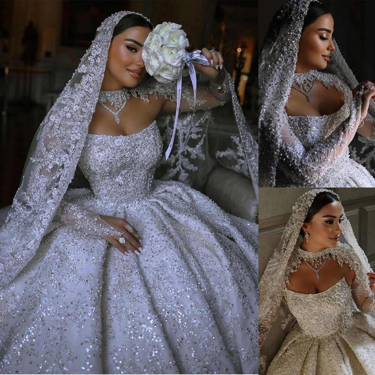 

Luxury Ball Gown Wedding Dresses Sweetheart Neck Long Sleeve Bridal Gowns Vestido Novia Sequins Beading Bride Dress With Veil