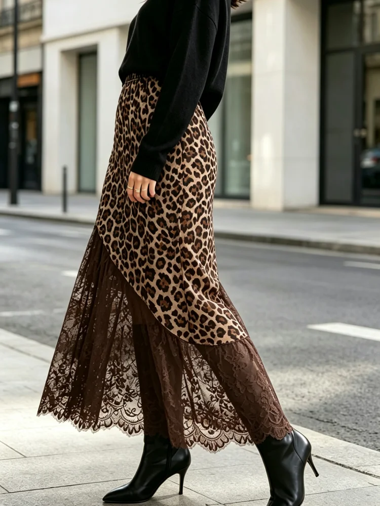 Midi Skirt Leopard Print Brown Lace Spliced Asymmetrical Long Skirt Women Streetwear Elegant Office Daily Wear