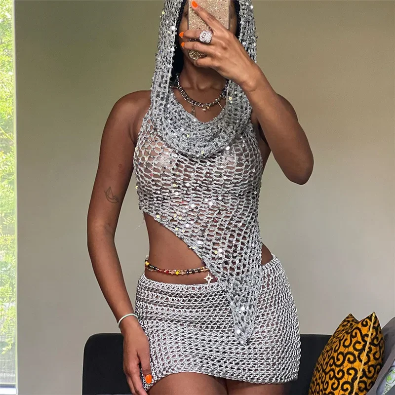 Sommer Sexy Hohl Stricken Häkeln 2 Stück Set Frauen Pailletten Mit Kapuze Backless Tank Tops + Shorts Hipster 2 Stück rock Set