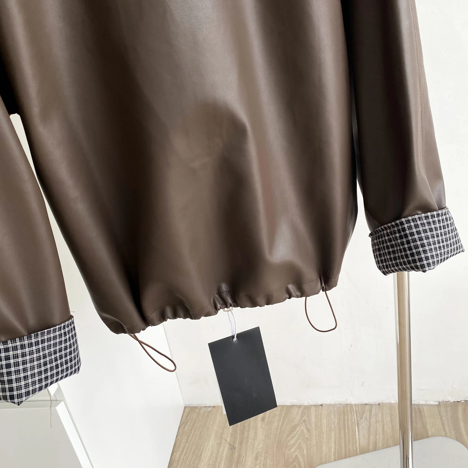 Retro Plaid Splicing Leather Jacket Women's Autumn Winter Turn Down Collar Loose Zipper PU Coats Drawstring Motorcycle Outerwear