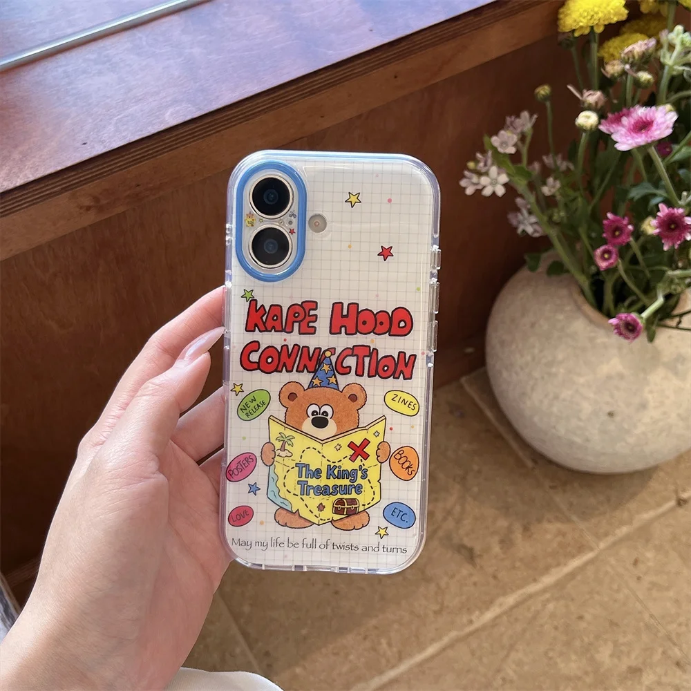 Vintage Cartoon Bear Treasure Map Phone Case For iPhone 15 16 17 Pro Max Graffiti Grid Paper Shockproof Clear Soft Phone Cover