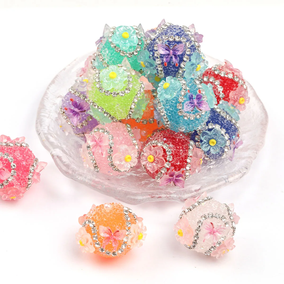 4pcs/8pcs Random Color Sharking Rhinestone Granulated Sugar-Effect Charm Butterfly Flower Acrylic Beads For Pen Making 