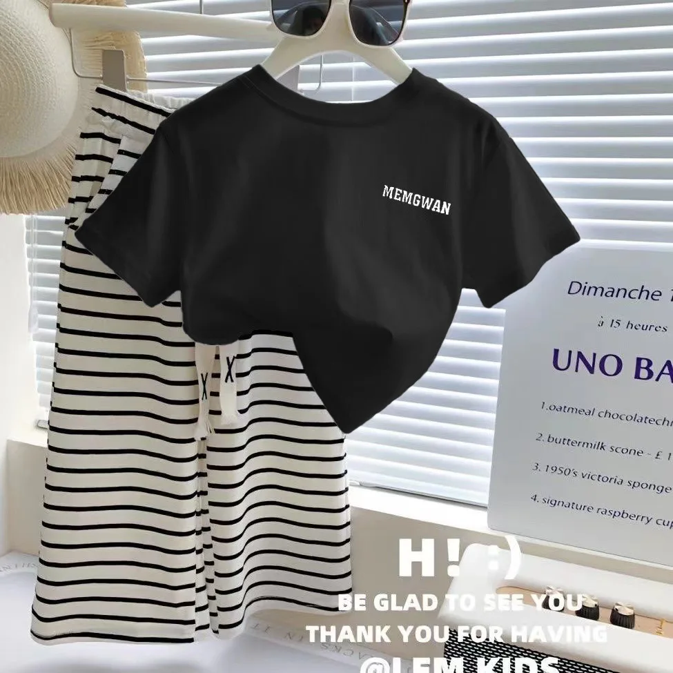1-8 lat letni zestaw ubrań dla dziewczynek wygodny T-shirt z napisami + spodnie w paski luźne dopasowane 2 szt. Garnitur dla dzieci strój dla dzieci