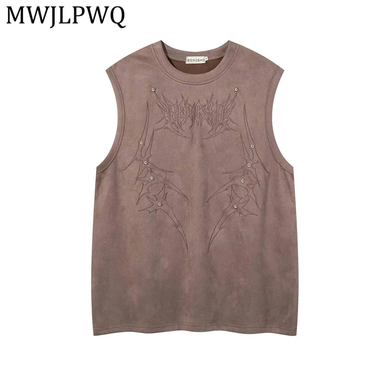 MWJLPWQ Round Neck Suede Sleeveless Cut Off Shirt Double Side Stitch Rivet Detail Baggy Cut Unisex Grunge Retro Daily Wear 16857