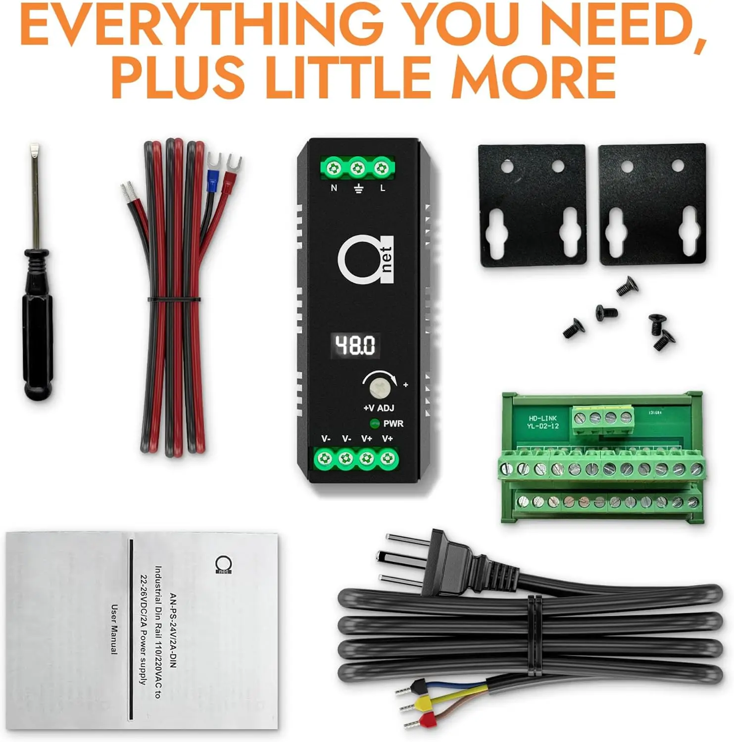 مصدر طاقة للسكك الحديدية 48 فولت DIN 120 وات، 2.5 أمبير، قابل للتعديل 48-52 فولت، مع توزيع تيار مستمر وشاشة LED، ألومنيوم بدون مروحة، -40 ° ج إلى +85 ° ج